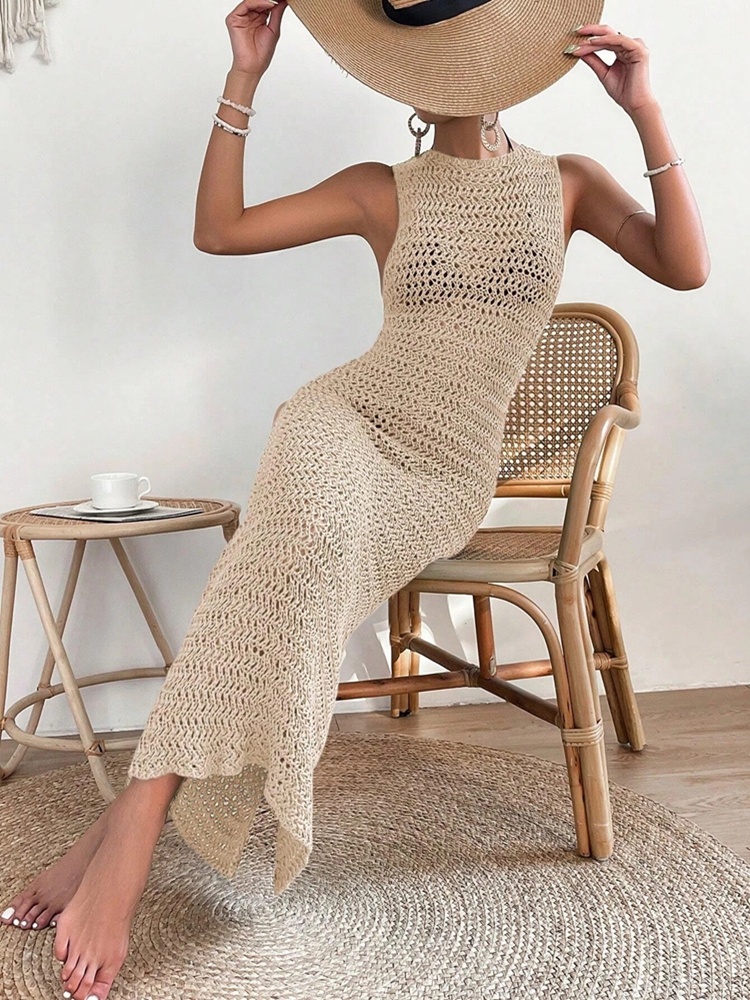 Fashionable Hollow Out Dress, Round Neck Waist Clip Skirt, Sleeveless Slim Fit Woolen Dress For Women l