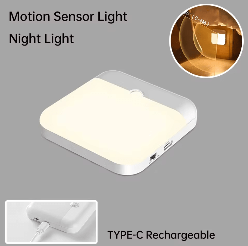 Wireless Motion Sensor LED Light USB C Rechargeable Night Lamp For Cabinets & Stairs round Warm Light
