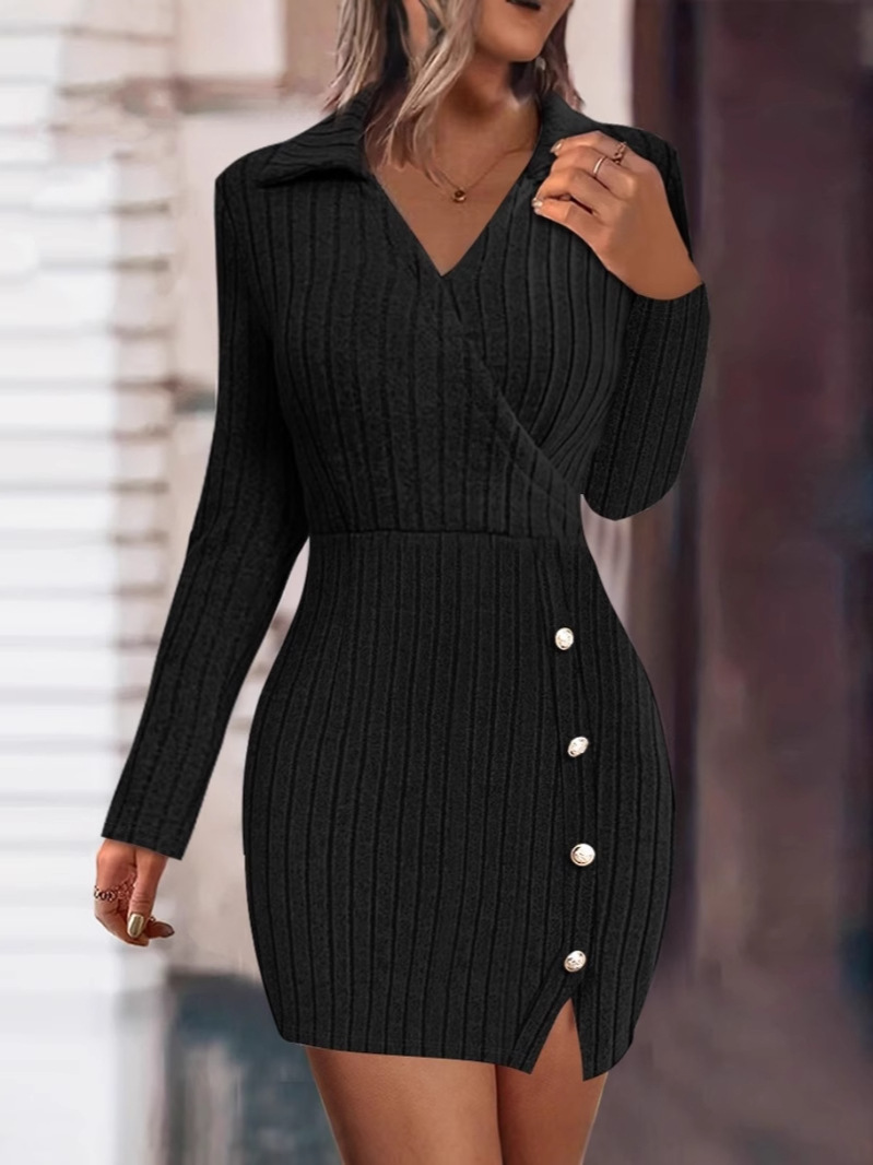 V Neck Fitted Bodycon Long Sleeve Dress, New Autumn And Winter Solid Color Women Dress From Europe And America black l