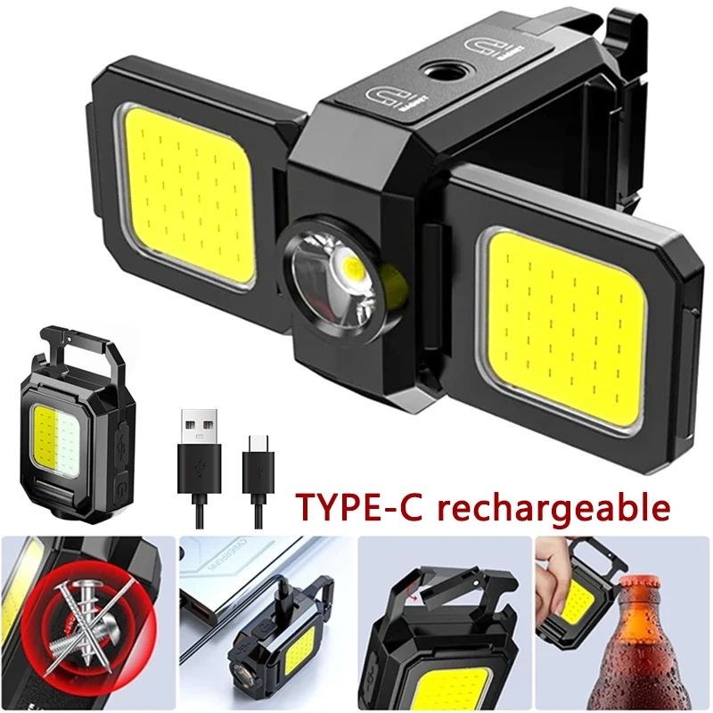 USB Rechargeable Mini COB Keychain Flashlight With 90 Foldable Work Lights cob Folding Work Light+support