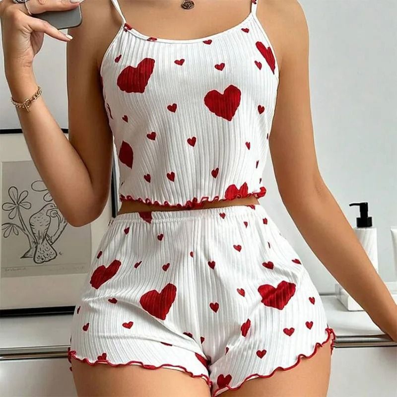 2 Piece Women's Love Print Sleepwear Set Industrial Grade Comfort & Breathability red xl