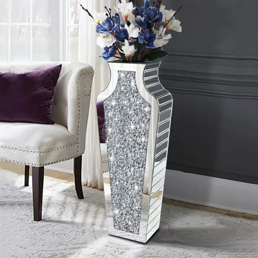 Contemporary Crushed Diamond Mirrored Floor Vase Collection style F Floor
