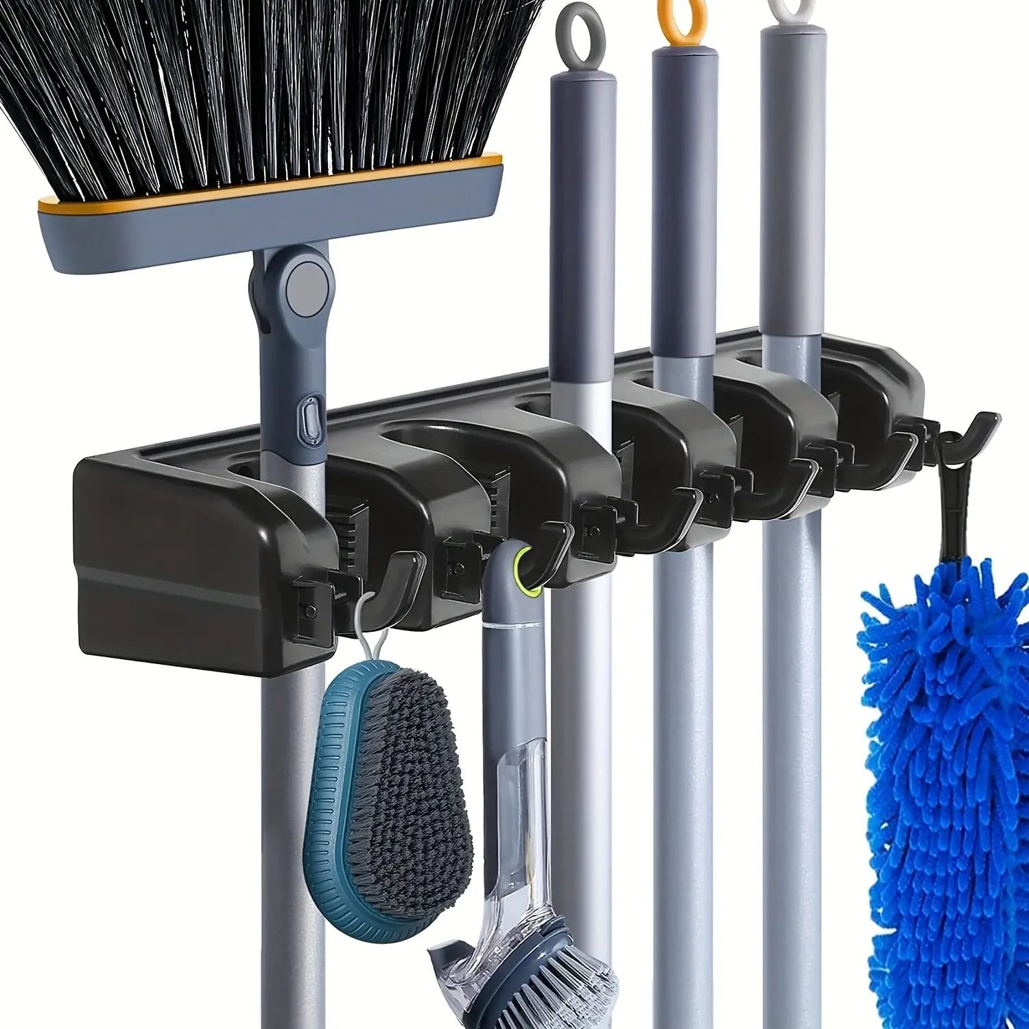 Wall Mounted Mop Holder Multi Position Broom Organizer With Shelf 3 Hooks & 4 Hooks