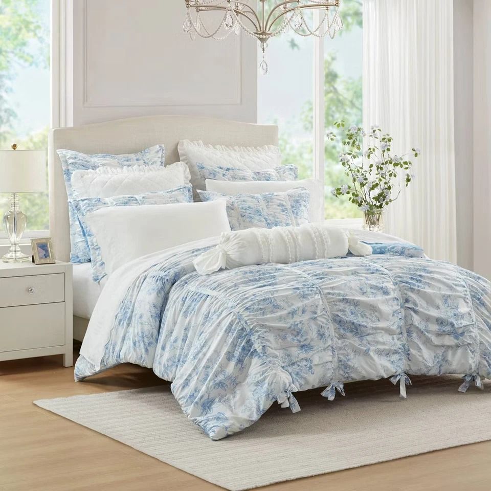 Collection Full Queen Toile Floral Comforter Blue, Soft Polyester, Lightweight Collection Full Queen Toile Floral Comforter Blue, Soft Polyester, Lightweight