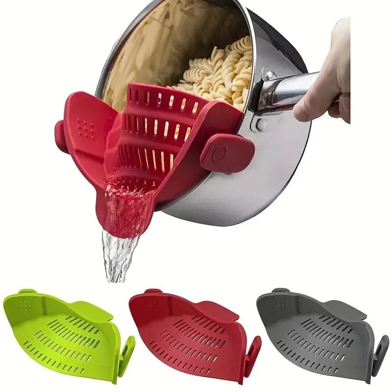 Universal Silicone Clip On Pot Strainer And Hands Free Pasta Colander red