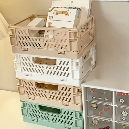 Foldable Plastic Storage Crates Durable Organizer Bins For Small Spaces pearl White
