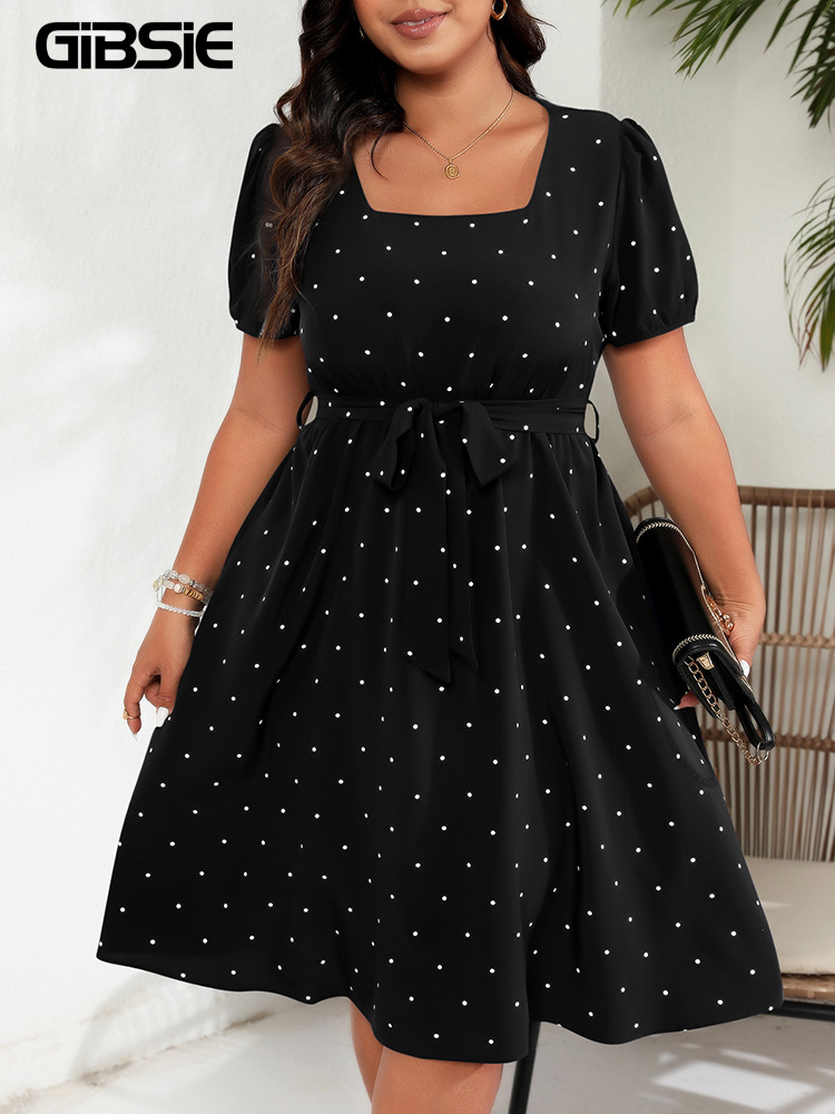 Square Neck Polka Dot Belted Dress, Women's Elegant Retro Puff Sleeve, High Waist Summer A line Big Swing Dresses navy Blue 3xl
