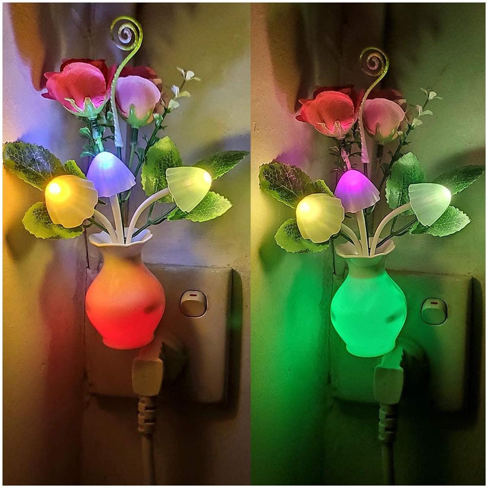 Rose Flower Mushroom LED Night Light, Energy Saving Auto Sensor Lamp, Plug In For Bedroom Bathroom Living Room a