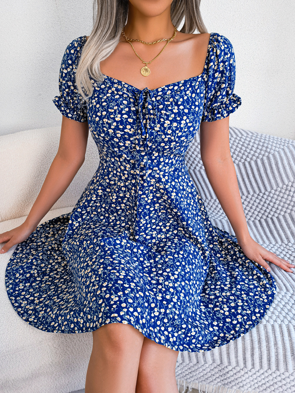 Women Casual Flare Sleeves Drawstring Lace Up Spring Summer Square Collar Floral Ruffles Mini Dress, A Line Dress light Blue xxl