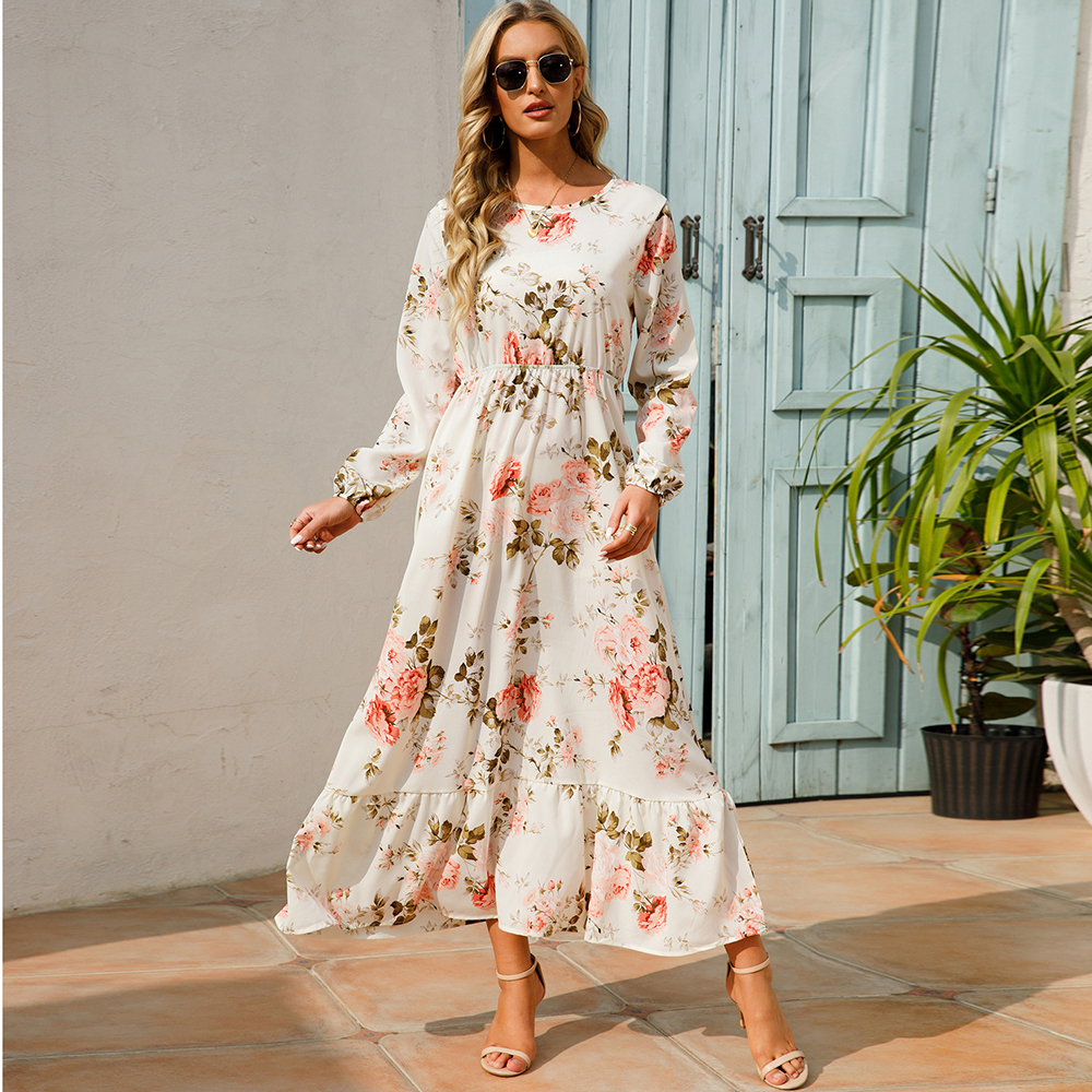 Women Maxi Dresses Bohemian Casual, Full Sleeve High Waist Beach Woman Chiffon Floral Long Dress 3 m
