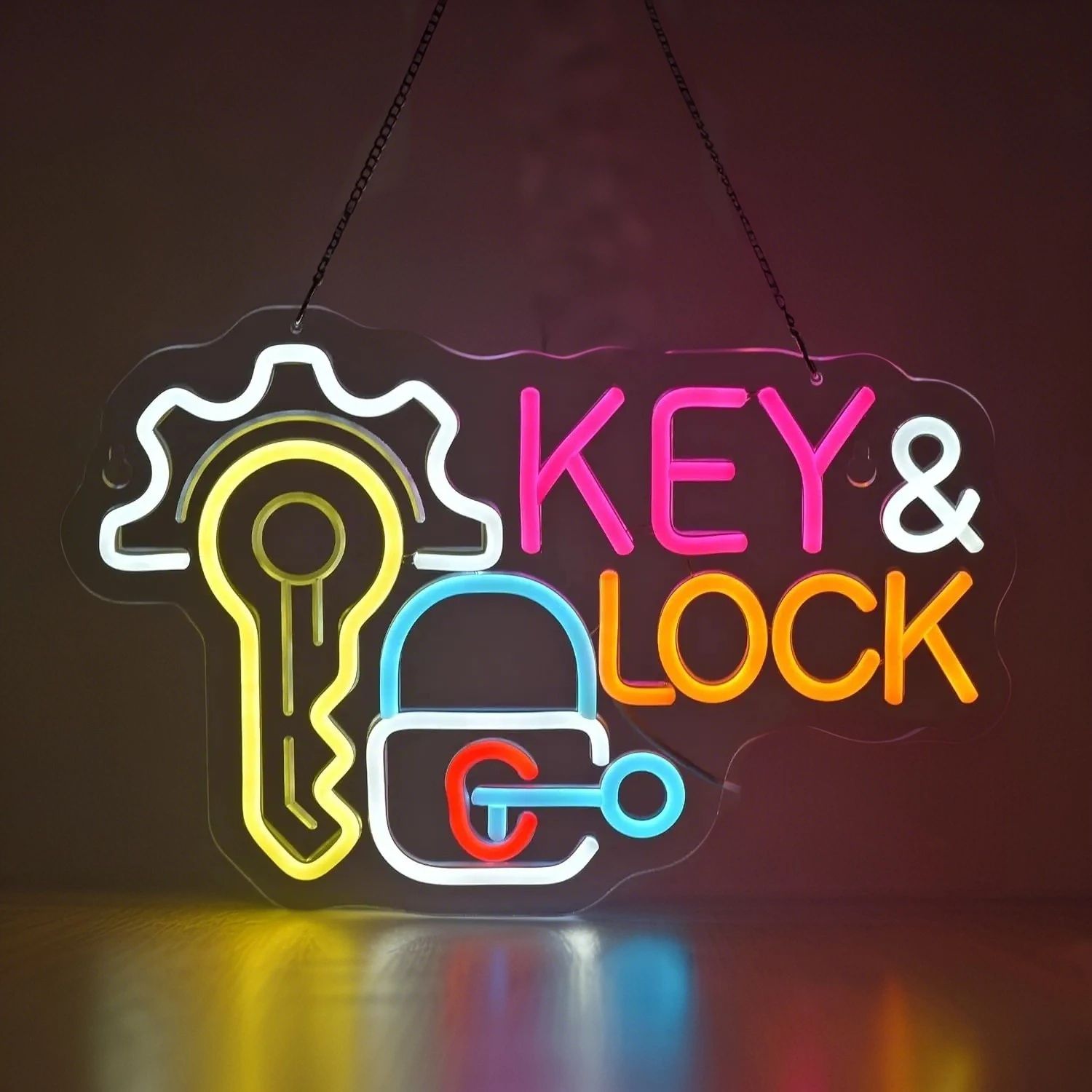Key & Lock LED Neon Sign Hanging Wall Light Decor For Locksmith Shop, Security Store, Car Dealership, Office & Home colorful 15.35 X 10.24 In Usb 5v