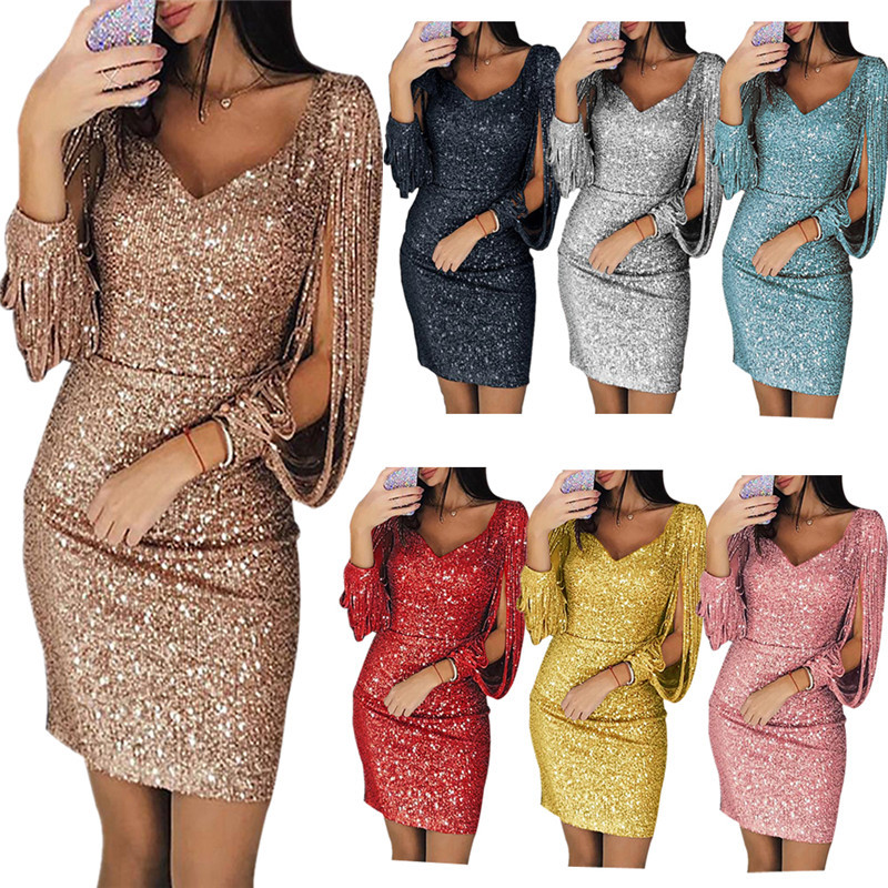 Ruched Bodycon Sparkly Long Sleeve Sequin Mini Dresses, Plus Size Dresses For Women Elegant, Glitter Cocktail Party Dres black 5xl