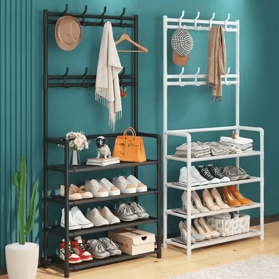 Multi Layer Clothes & Shoe Rack | Floor Standing Organizer With DIY Doorway Hanger Shelf 2pc 3 L black