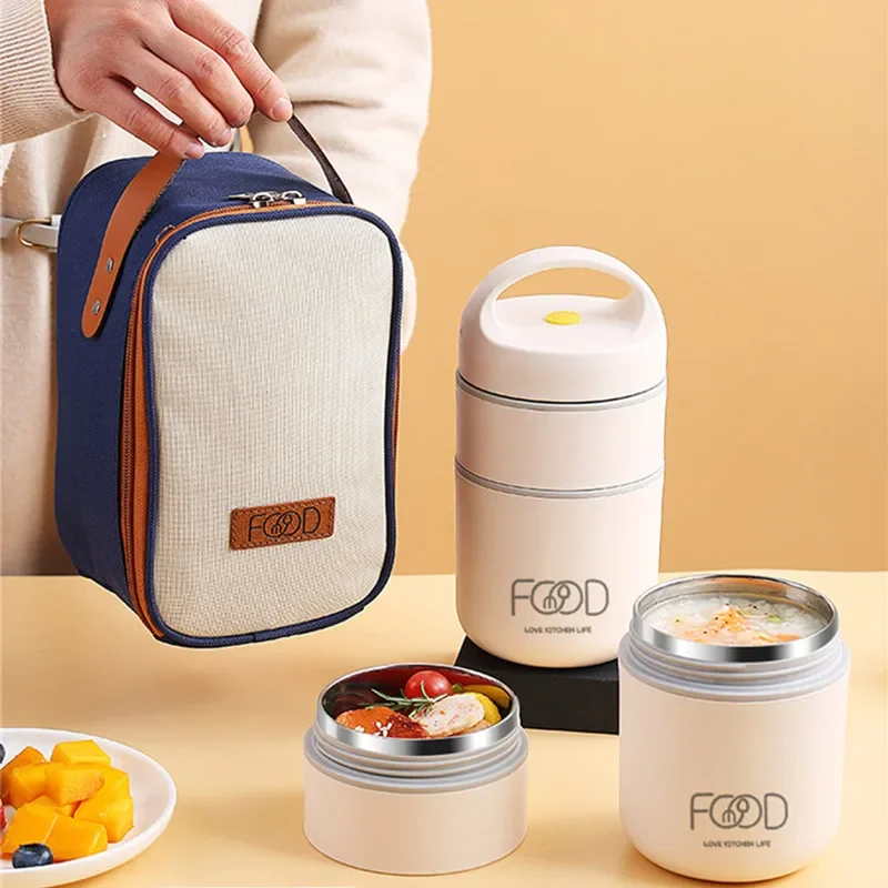 Portable Thermal Insulation Lunch Box, Stainless Steel Bento Box, Adult Lunch Box Set, Vacuum Thermal Lunch Box blue Tote Bag M
