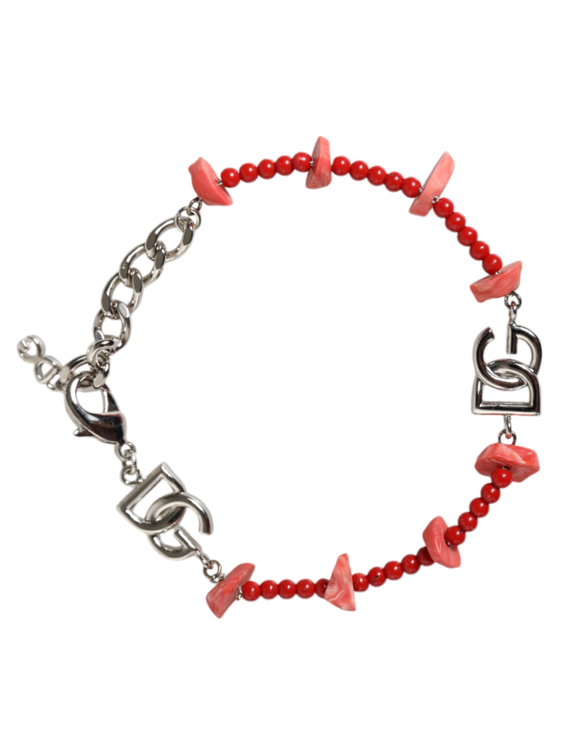 Silberfarbener Messingperlen-Harz DG Logo Kettenarmreifen