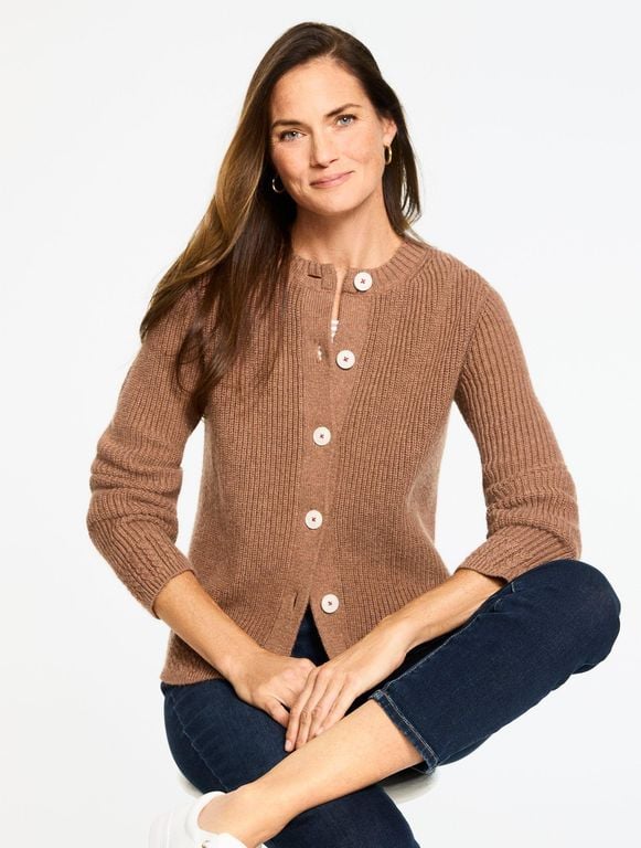 Shaker Stitch Crewneck Cardigan Sweater - Blue - Talbots Knitwear