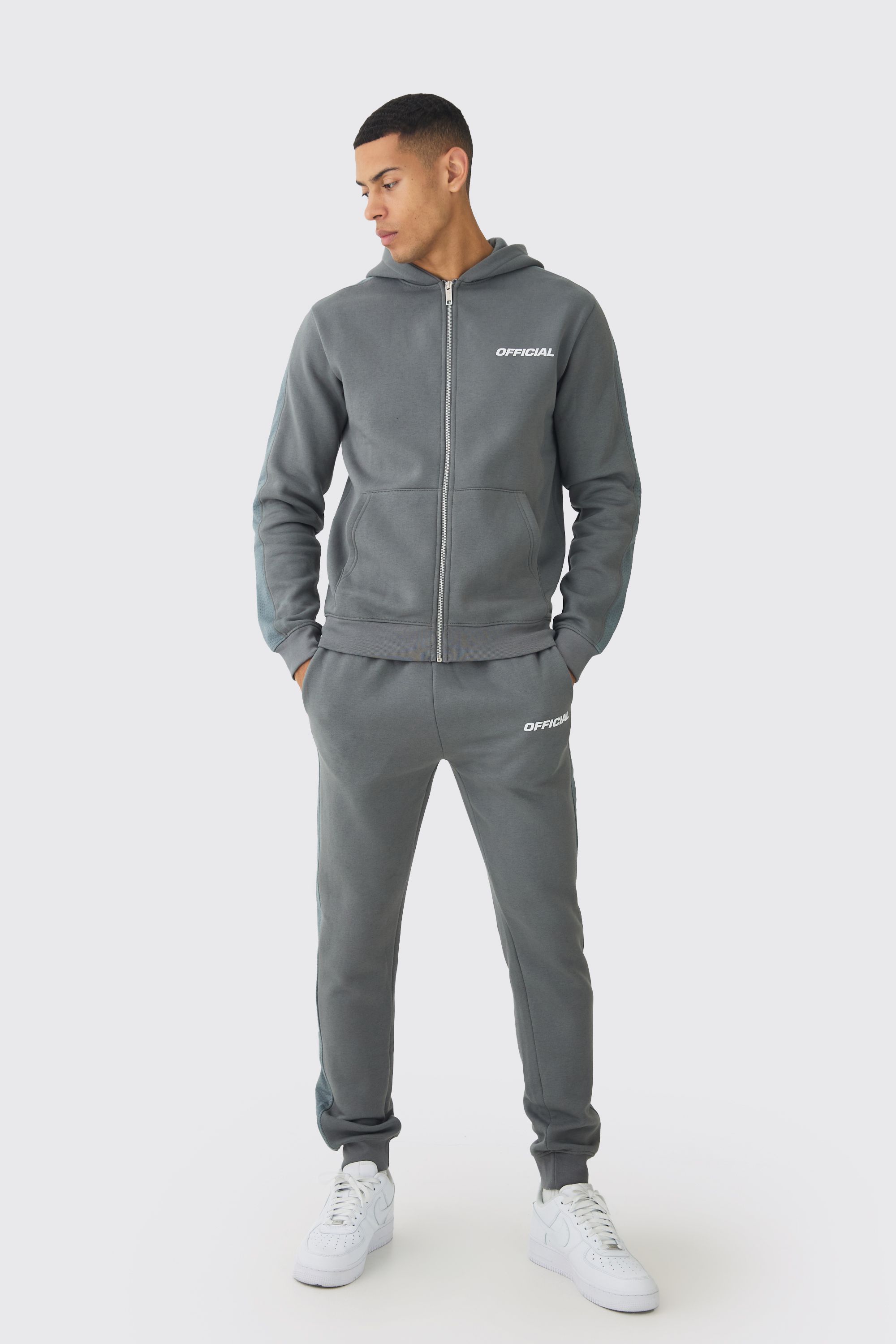 Boohooman Mens Slim Fit Official Zip Through Mesh Panelled Hooded Tracksuit - Dark Grey Cotton - Size X-large
