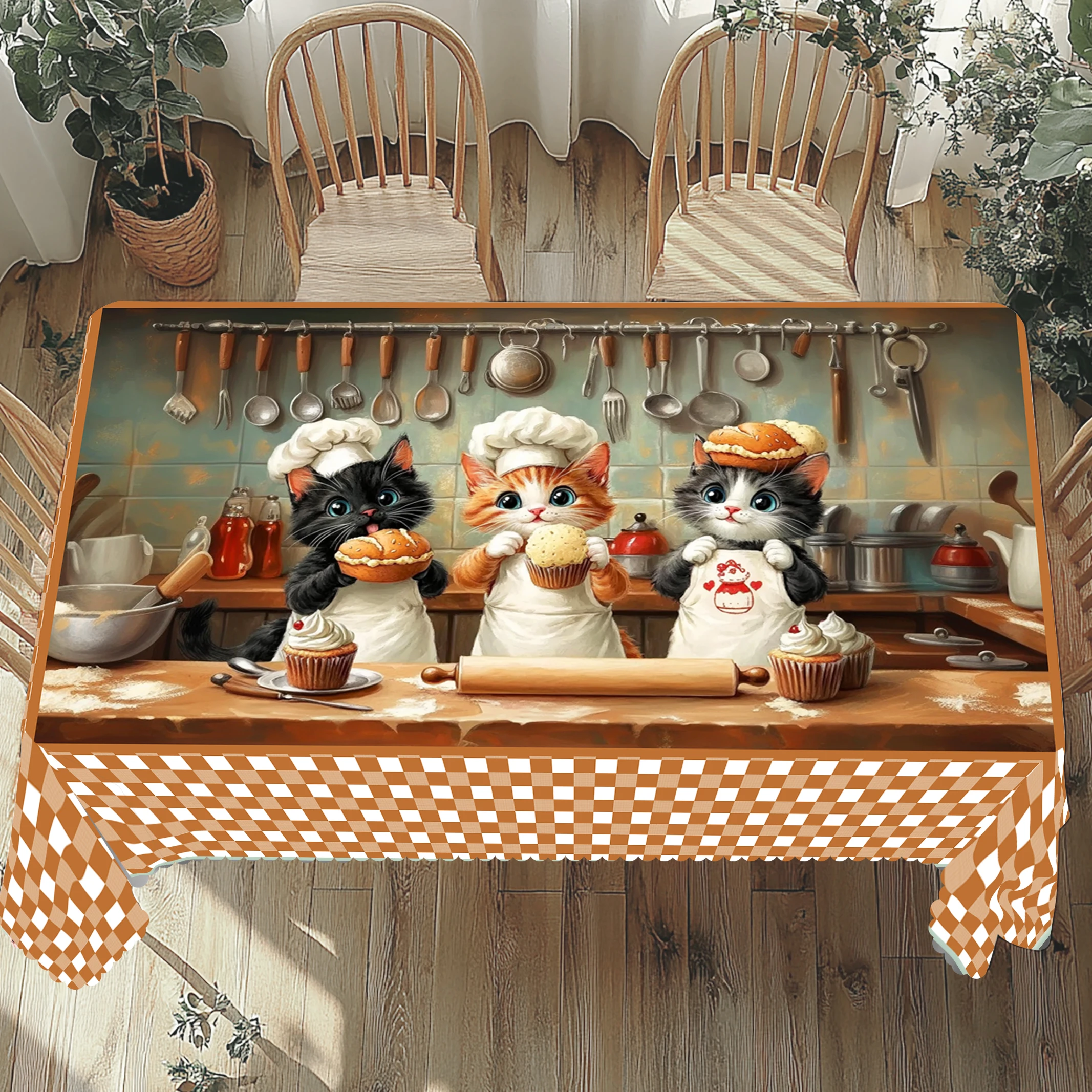 1 Stück Katzenkoch-Tischdecke – braun-weiß kariertes Polyester, geprägter Rand, runde und rechteckige Formen Image