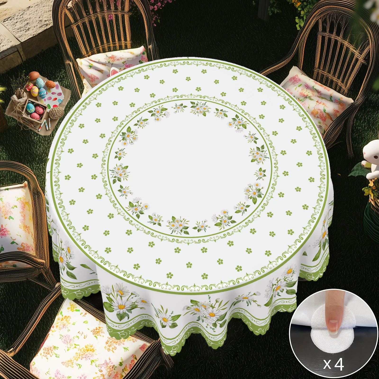 1pc Little Daisy Flowers Spring Summer Theme Polyester Machine Washable Tablecloth with Scalloped Edge, Suitable for Date Party Image