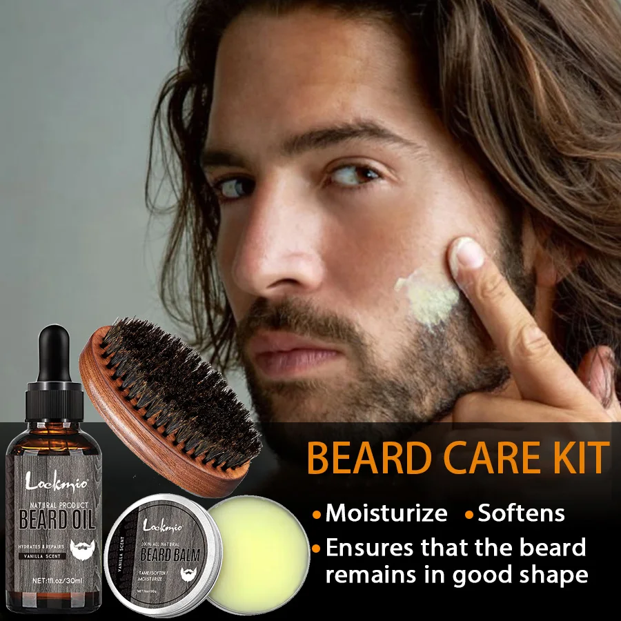 Bartöl und Stylingbalsam und Pinsel, Gesichtshaar, feuchtigkeitsspendendes Formprodukt, Bärte, ätherisches Ölwachs, kreieren Sie gesunde, perfekte Schnurrhaare Image