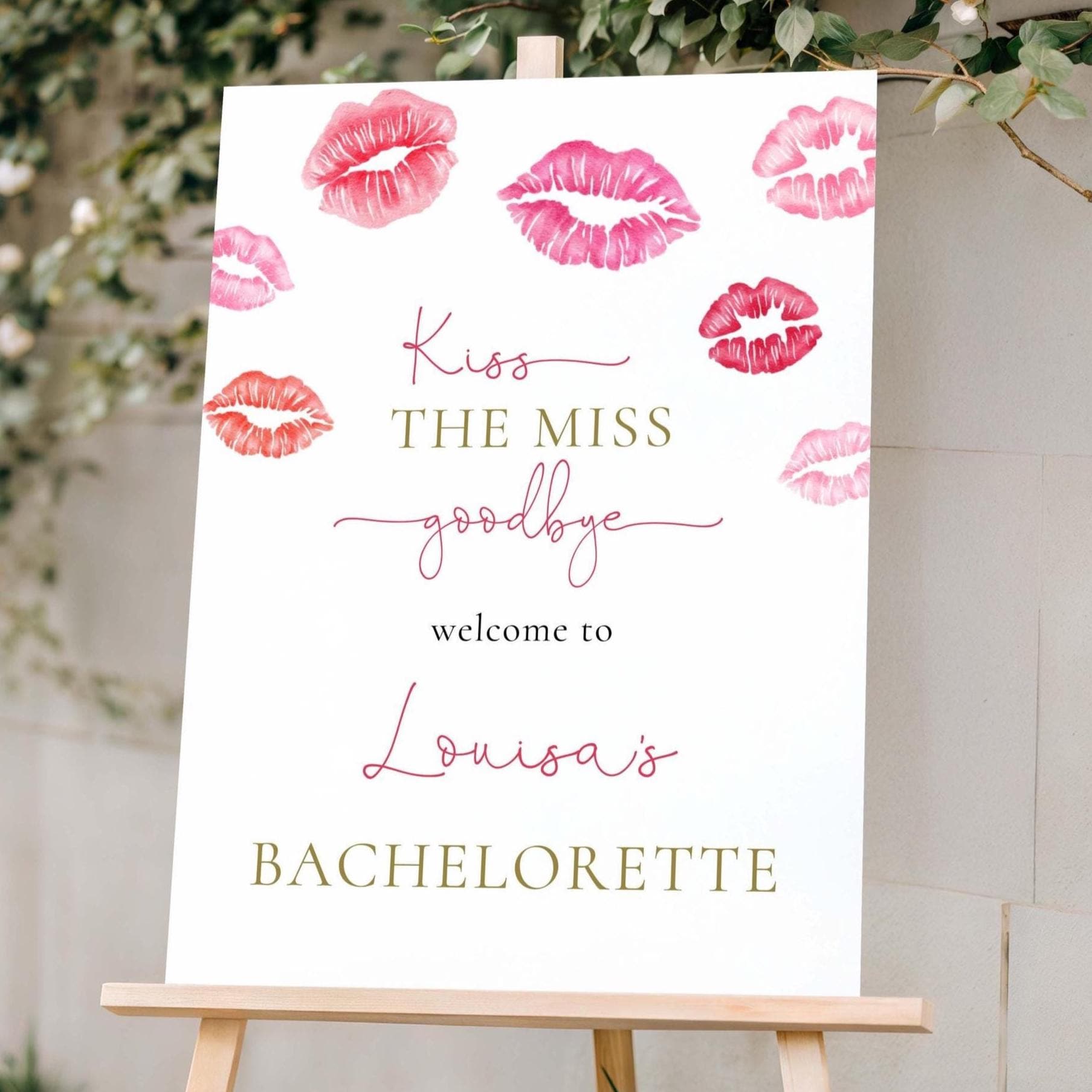 "Cartello di benvenuto per l'addio al nubilato \"Kiss The Miss Goodbye\", decorazione modificabile per la festa di San Valentino \"Kiss The Miss Bridal Sh"
