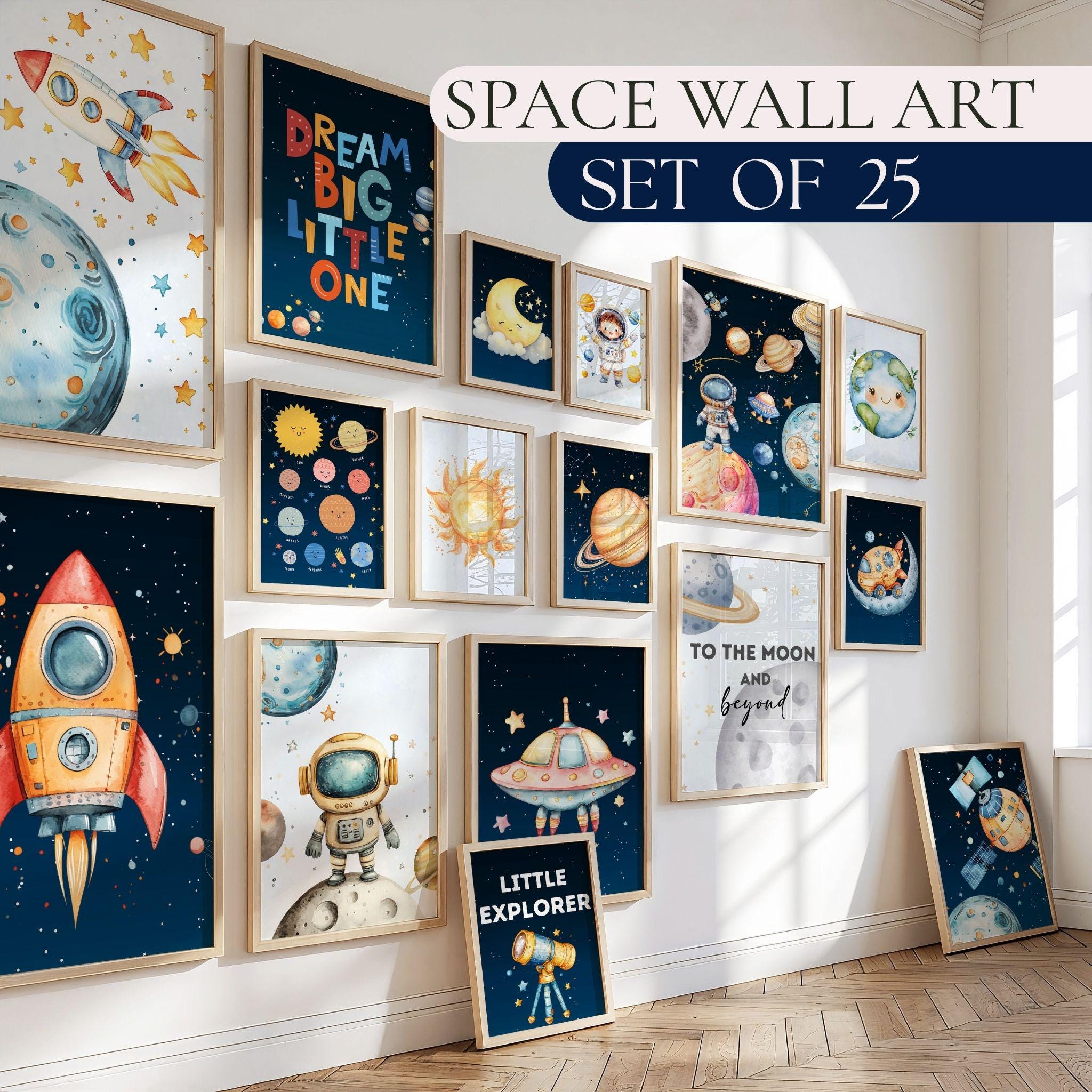 Set di stampe da parete a tema spazio per la cameretta dei bambini: astronauti, razzi, pianeti (download digitale)