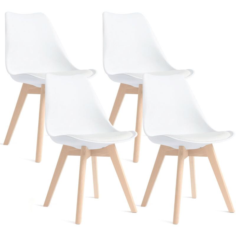 Set Di 4 Sedie - Bianco - Sedia Scandinava - Gambe In Legno (4 Sedie In Una Confezione)