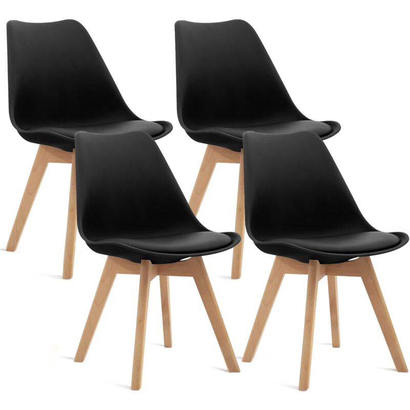 Set Di 4 Sedie - Nero - Sedia Scandinava - Gambe In Legno (4 Sedie In Una Confezione)