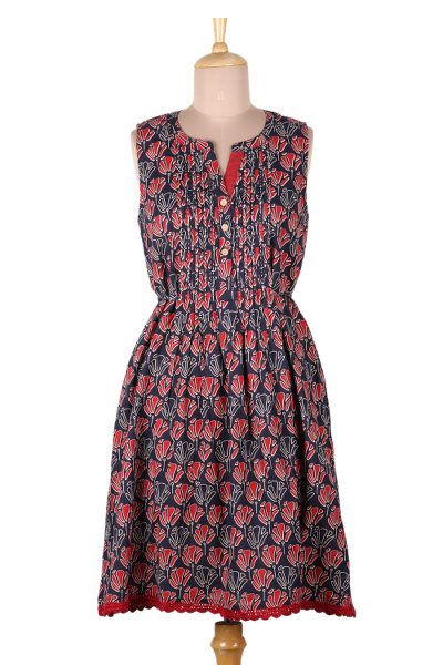 Tulip Delight,'Blue and Red Print A-Line Cotton Dress'