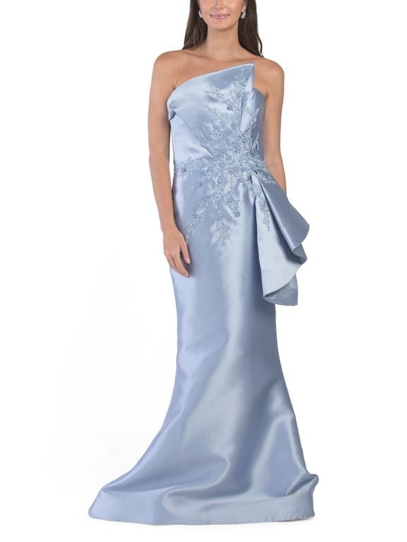 Strapless Embroidered Floral Applique Mikado Gown For Polyester - Blue - Tj Maxx Dresses