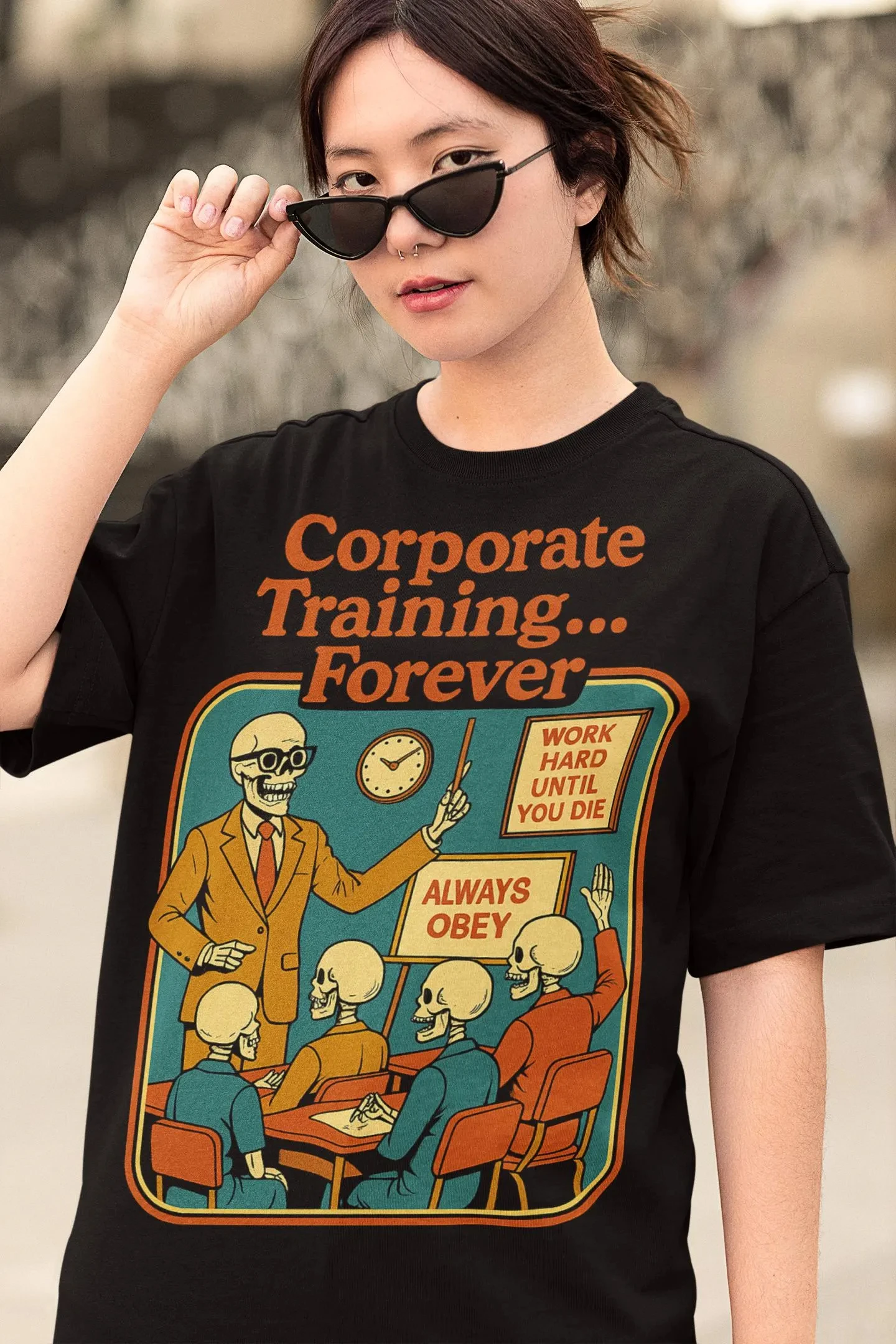 Retro-Skelett-Grafik-T-Shirt: Lustiges Corporate-Training-T-Shirt, lockeres und atmungsaktives Sommer-T-Shirt für Herren und Damen Image
