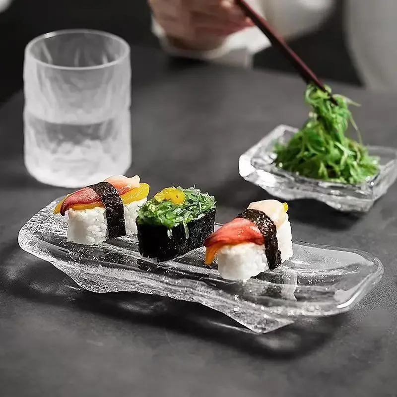 Glas-Sashimi-Sushi-Teller, Dip-Pickles, rechteckig, zum Servieren, Dekorieren von Desserts, japanisches Küchenbesteck Image