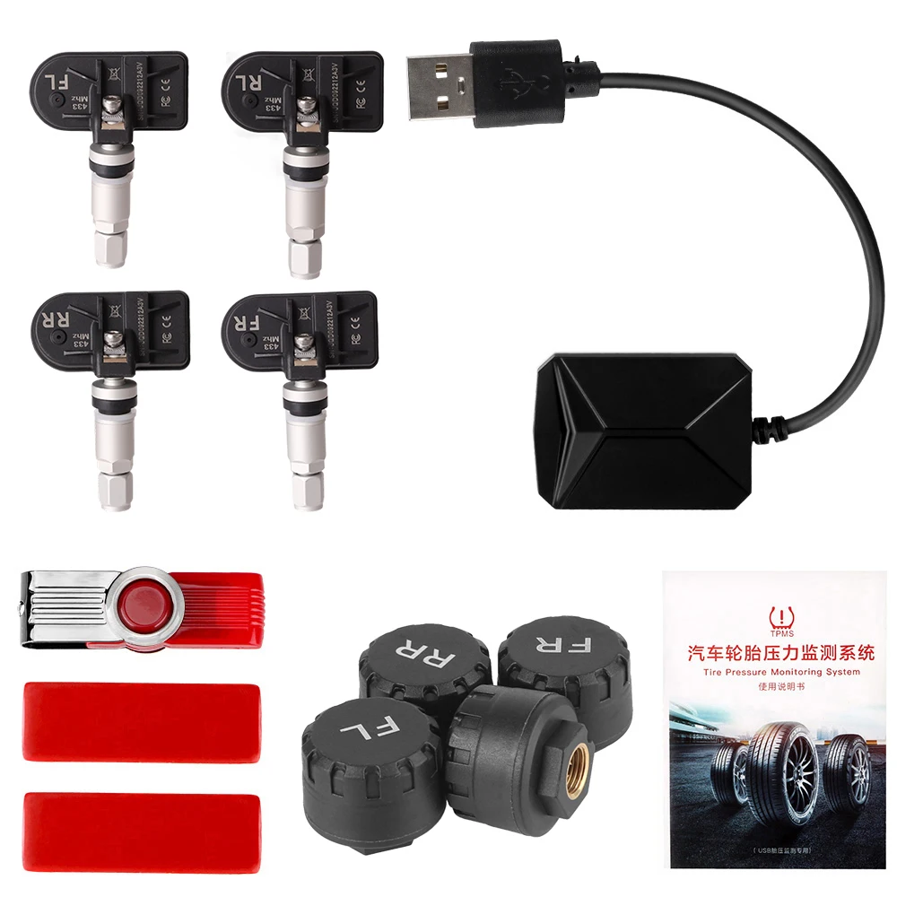 USB Android Auto TPMS mit 4 Sensoren Reifendruckkontrollsystem Drahtlose Übertragung TPMS Android Navigationsalarmsystem Image
