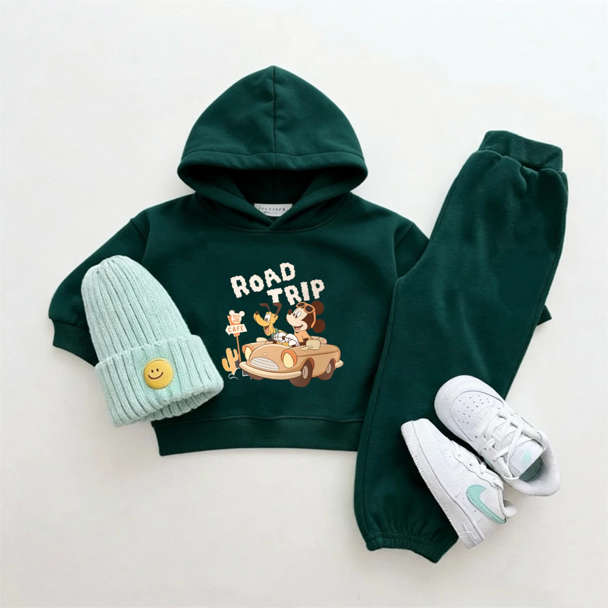 Herbst Winter Dünner Samt-Anzug für Babyjungen Grün 2-teiliges Set Mickey Mouse Kapuzenpullover Einfarbige Vielseitige Hose Kapuzenoberteil Outfit Image