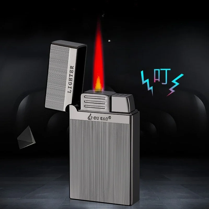Modisches Dual-Feuer-Gasfeuerzeug, klares und angenehmes Stahlgeräusch, rote Flamme, winddicht, um Flammen zu öffnen, aufblasbares Feuerzeug Image