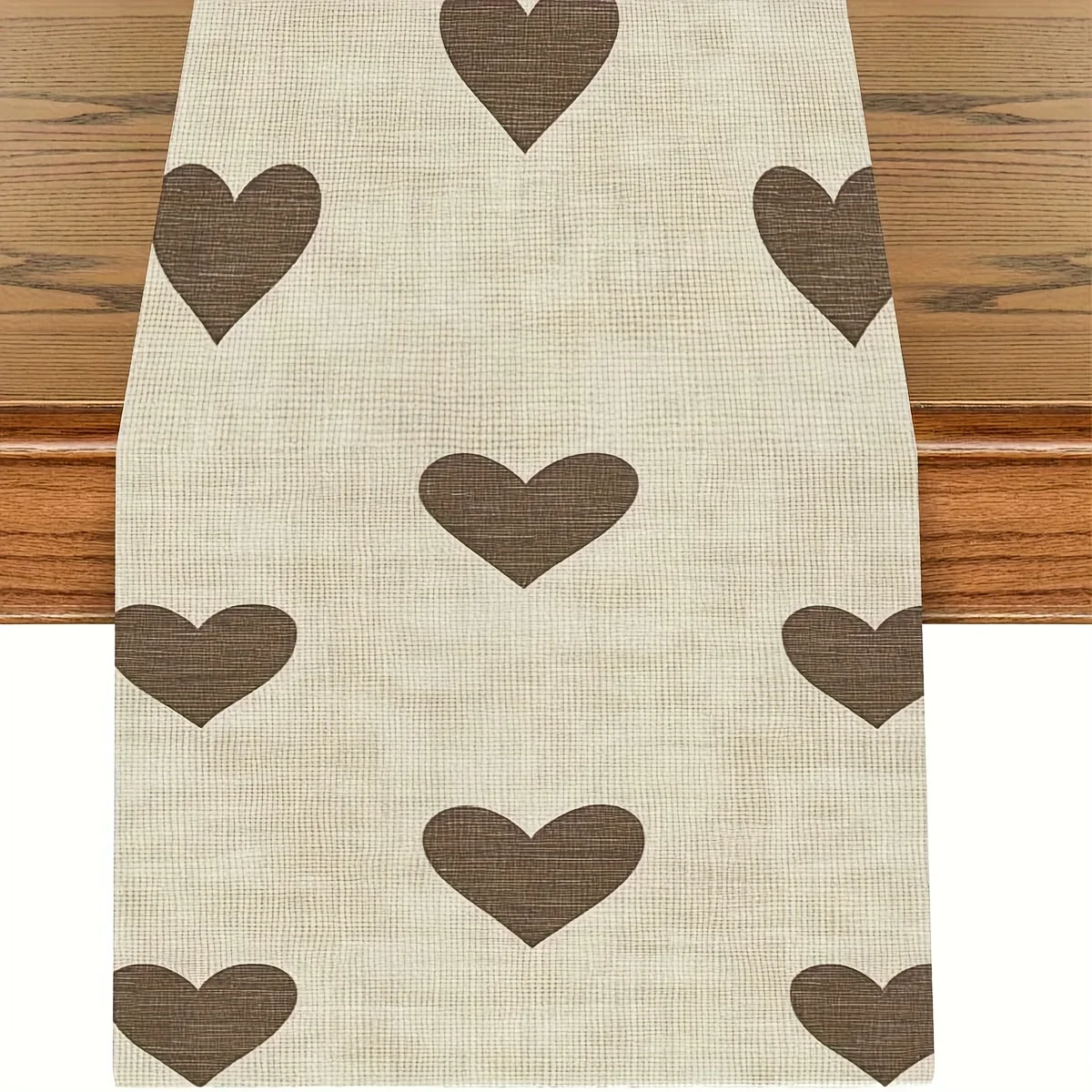 1 Stück herzförmiger Tischläufer – beige mit braunem Herz, Esstischdekoration, geeignet für Dinnerpartys, Feiertagspartys, Familientreffen, Kinderaktivitäten, Themencafés, Heimdekoration, Image