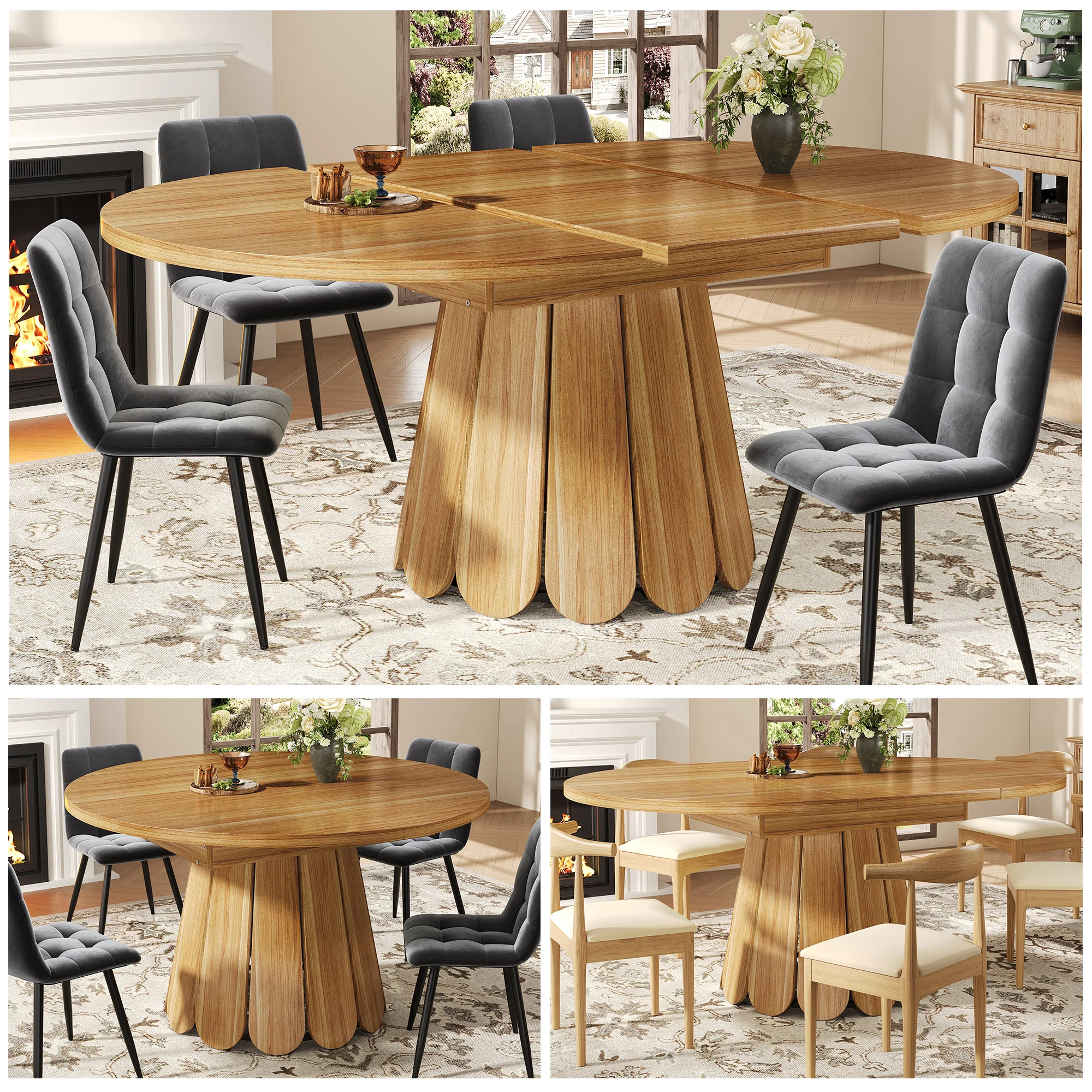 Ausziehbarer Esstisch, Esstisch, Küchentisch, Balkontisch, Esstisch aus Holz, runder Esstisch, ausziehbar