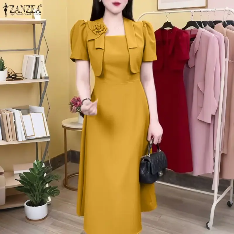 ZANZEA Elegantes Büro-Dame-Kleid für Damen, kurzärmelig, quadratischer Kragen, lässig, solides Midi-Sommerkleid, 2026, modische 3D-Frowers, lange Robe Image