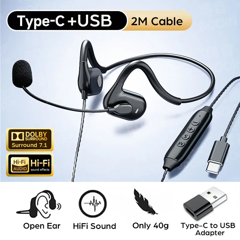 Open-Ear-Kopfhörer Typ C, Luftleitung, HiFi-Sound, Gaming-Headset mit DSP-Rauschunterdrückung, Mikrofon für Telefon, PC