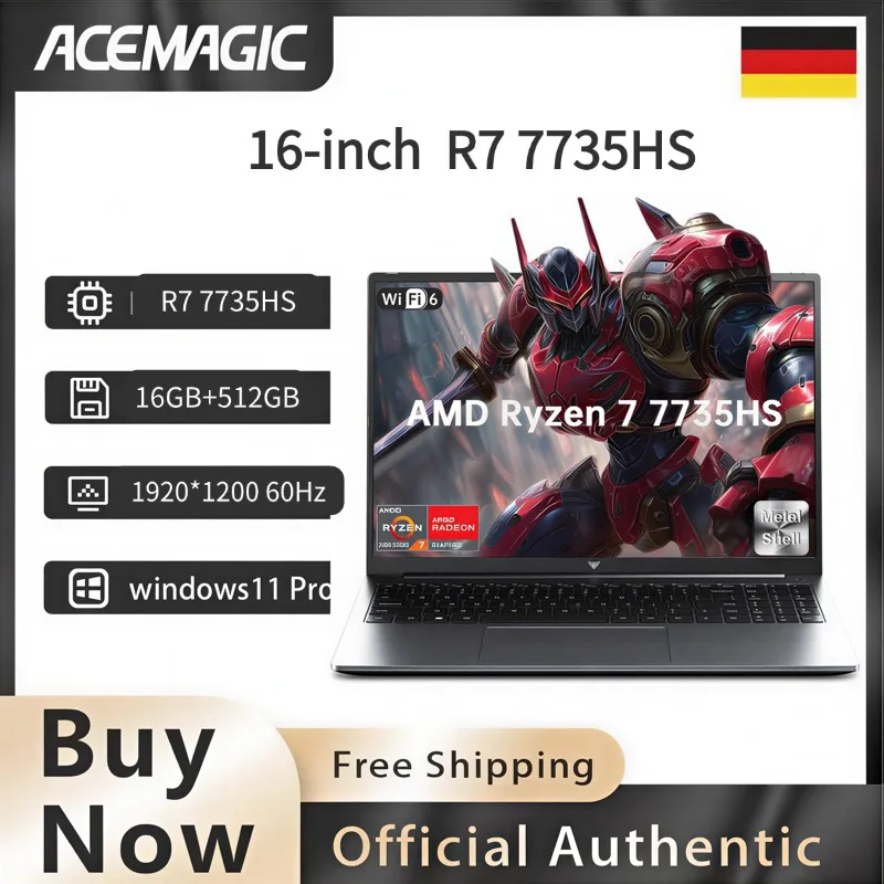 ACEMAGIC 16 Zoll Gaming-Laptop, AMD Ryzen 7 7735HS Prozessor, 16GB DDR5 RAM 512GB SSD, IPS-Display, Windows 11 Laptop für Spiele Image