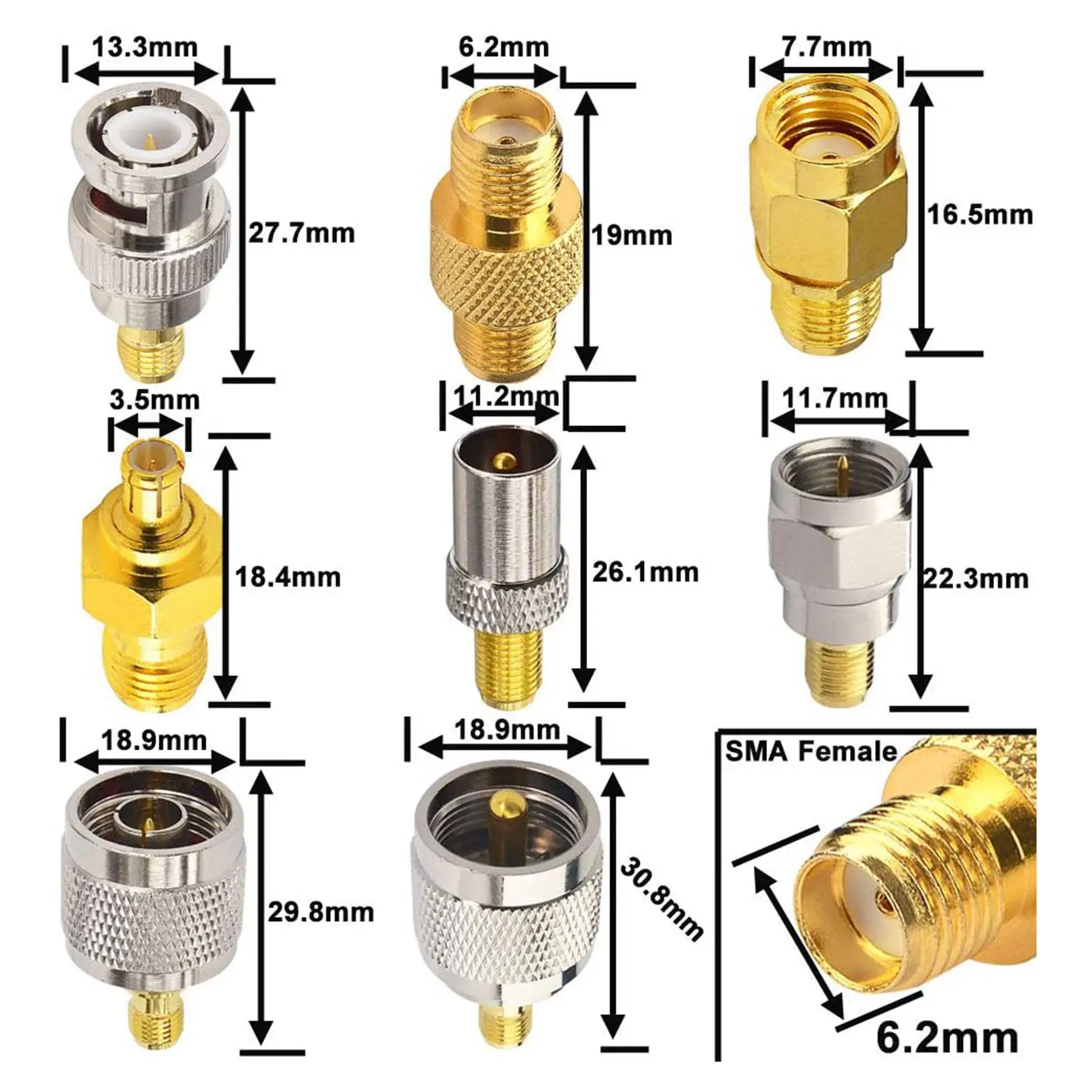 AA08I 16 Typ SMA-Steckverbinder, SMA-Adapter-Kits, SMA auf MCX/TV/F/N/BNC/UHF/RP-SMA, gerader, vernickelter Testanschluss Image