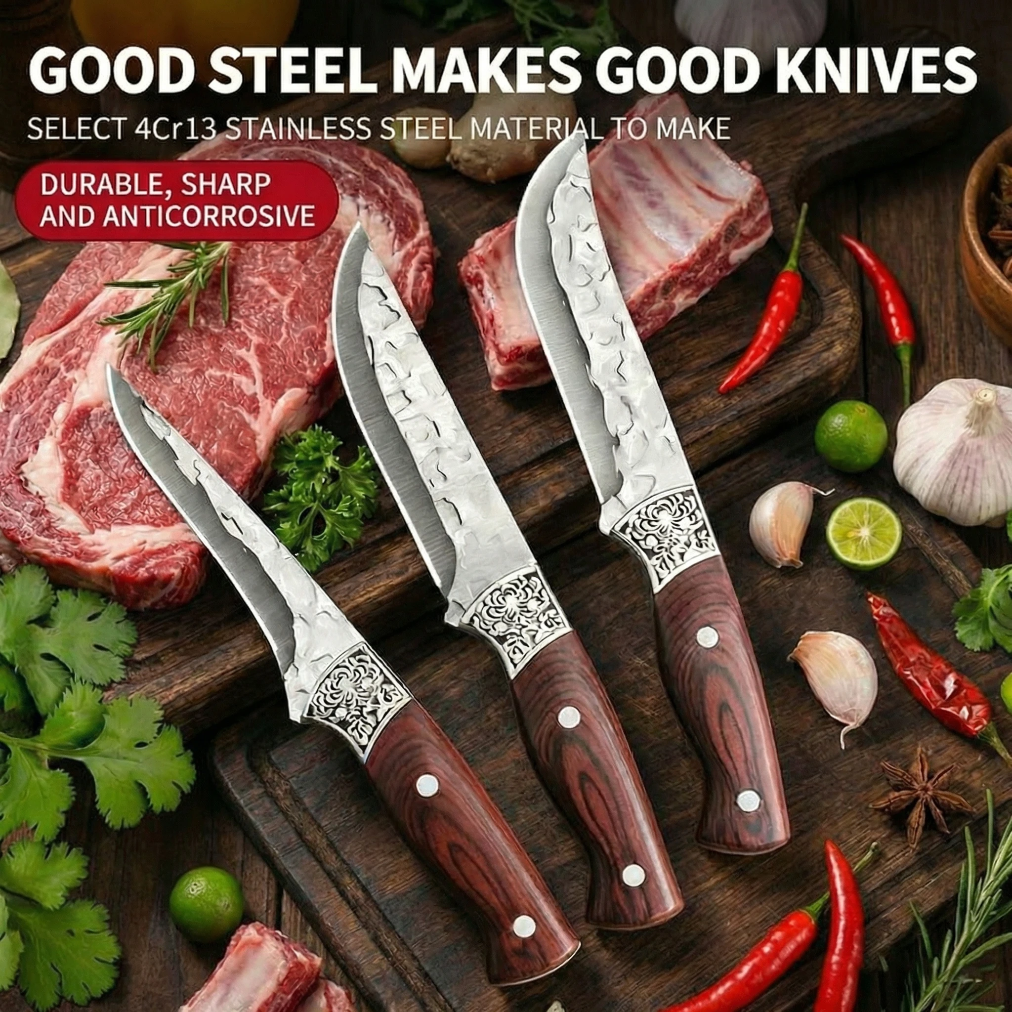 Professionelles 3-teiliges Metzgermesser-Set - Edelstahl mit Holzgriff, Ausbeinmesser, Hackbeil & Schlachtmesser mit Lederscheide Image