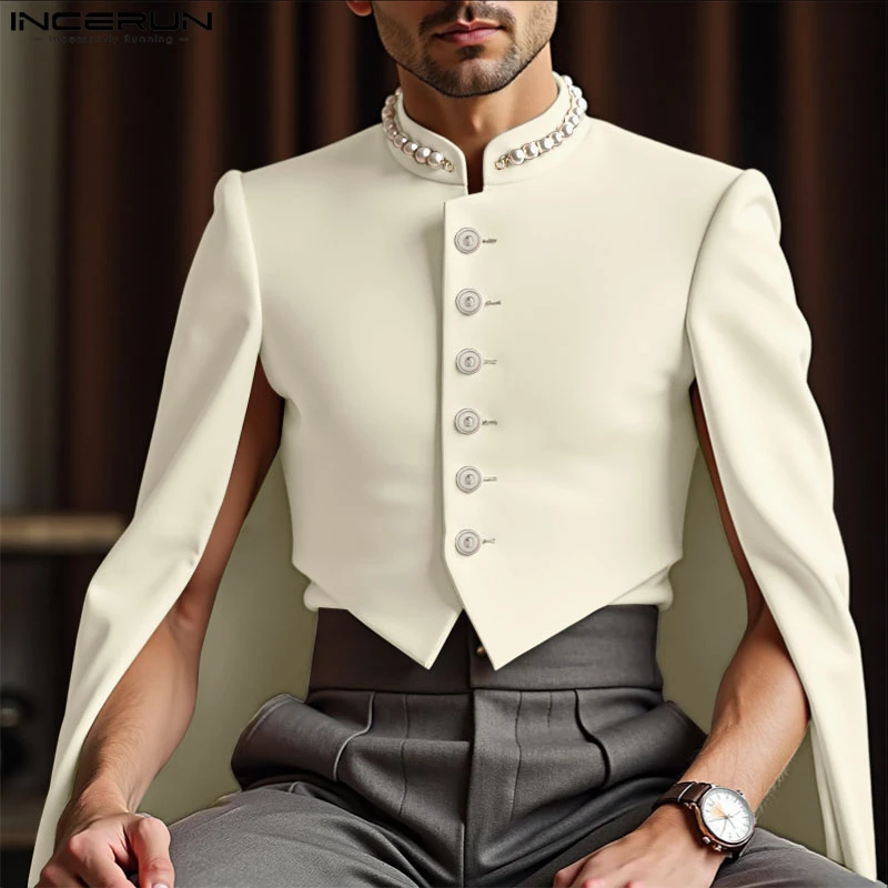 INCERUN Männer Jacken Patchwork Stehkragen Split Langarm Taste Männlich Crop Mäntel Streetwear 2025, Mode Casual Oberbekleidung Männer Image