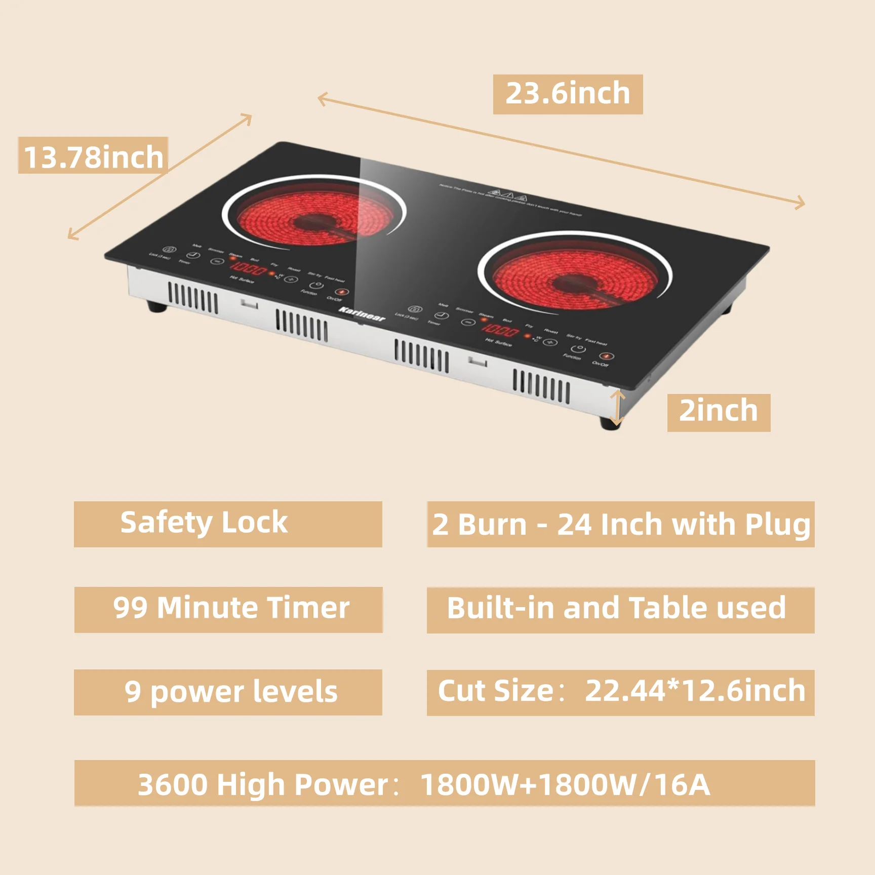 Karinear Glaskeramik-Kochfeld 2 Platten mit Stecker, Keramikkochfeld 2 Freistehend, Kochfeld 2 Kochzonen Mobil oder Einbaugerät, Sicherheitsverriegelung, 220-240 V