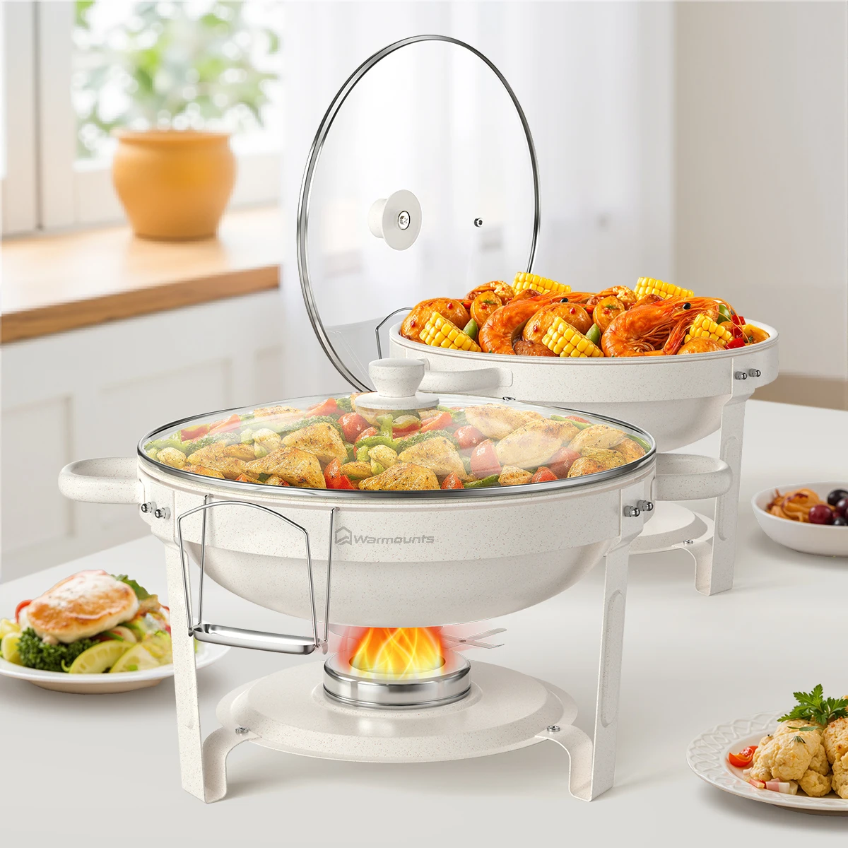 5QT 2/4er-Pack Weiße Chafing Dishes für Buffet Glasdeckel Maifanit-Beschichtetes Rundes Chafing Dish Set Catering-Wärmer für Partys Image