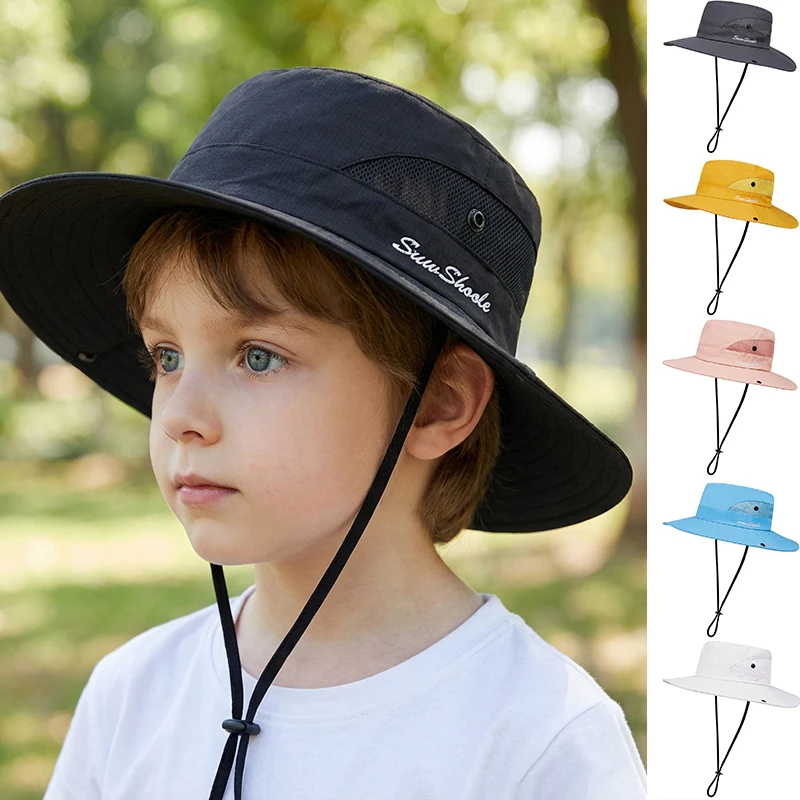 Frühling Kinder Hut für Jungen Mädchen Sonnenschutz Fischer Hüte Atmungsaktive Kinder Panama Kappe mit Pferdeschwanz Loch Winddicht Seil Image