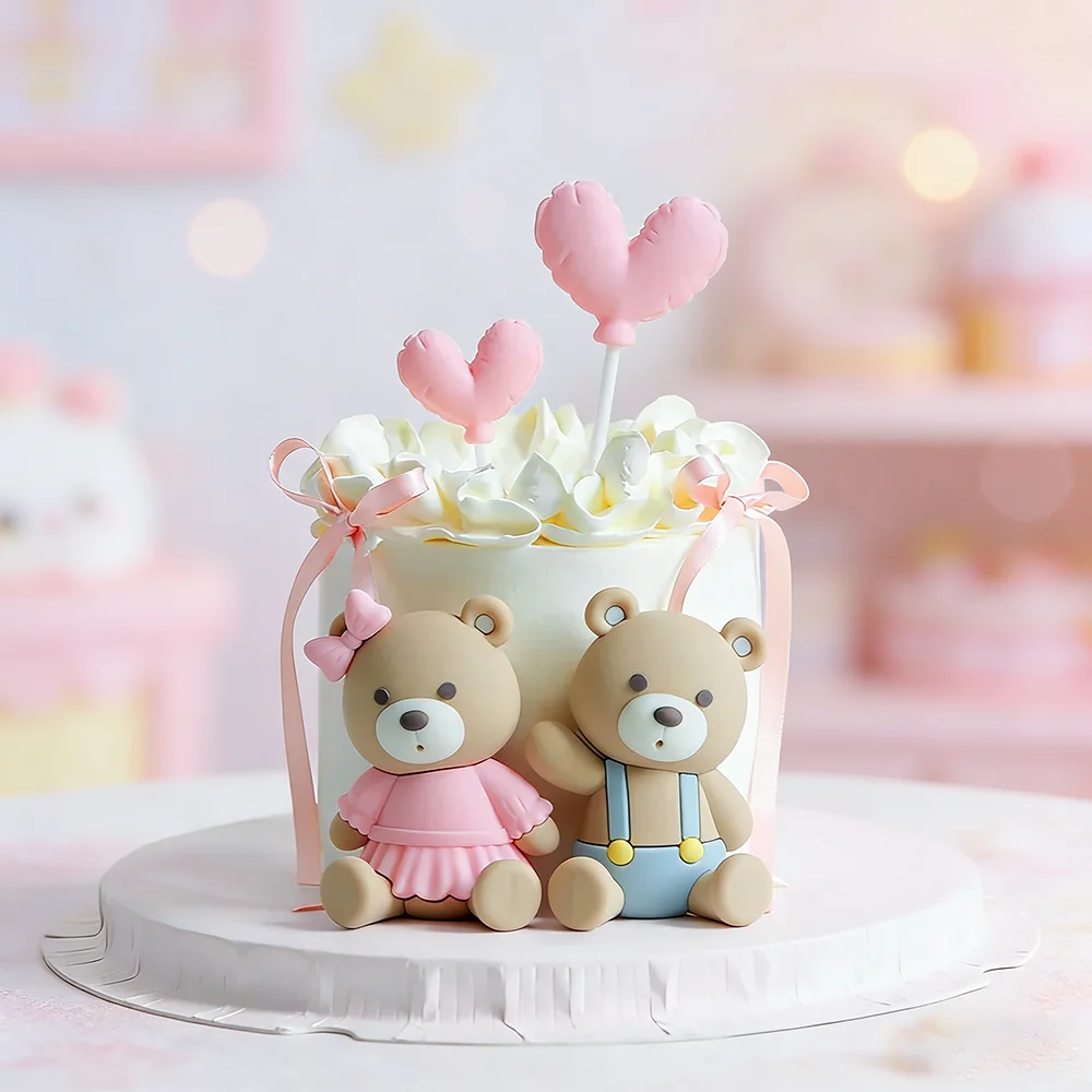 Bären-Kuchenaufsatz, rosa, blau, Bär, Herz, Dekoration für Jungen, Mädchen, Babyparty, Geburtstag, Valentinstag, Jahrestag, Partyzubehör Image