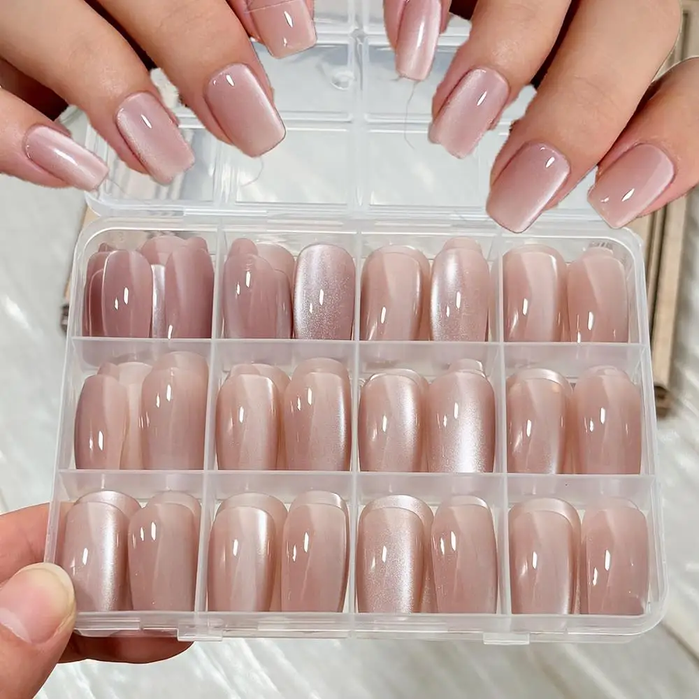144 Stück/Box Nude Pink Katzenaugen-Aufklebenägel Glänzende Kurze Runde Kunstnägel Abnehmbare Vollabdeckung Falsche Nagelspitzen DIY Maniküre Image