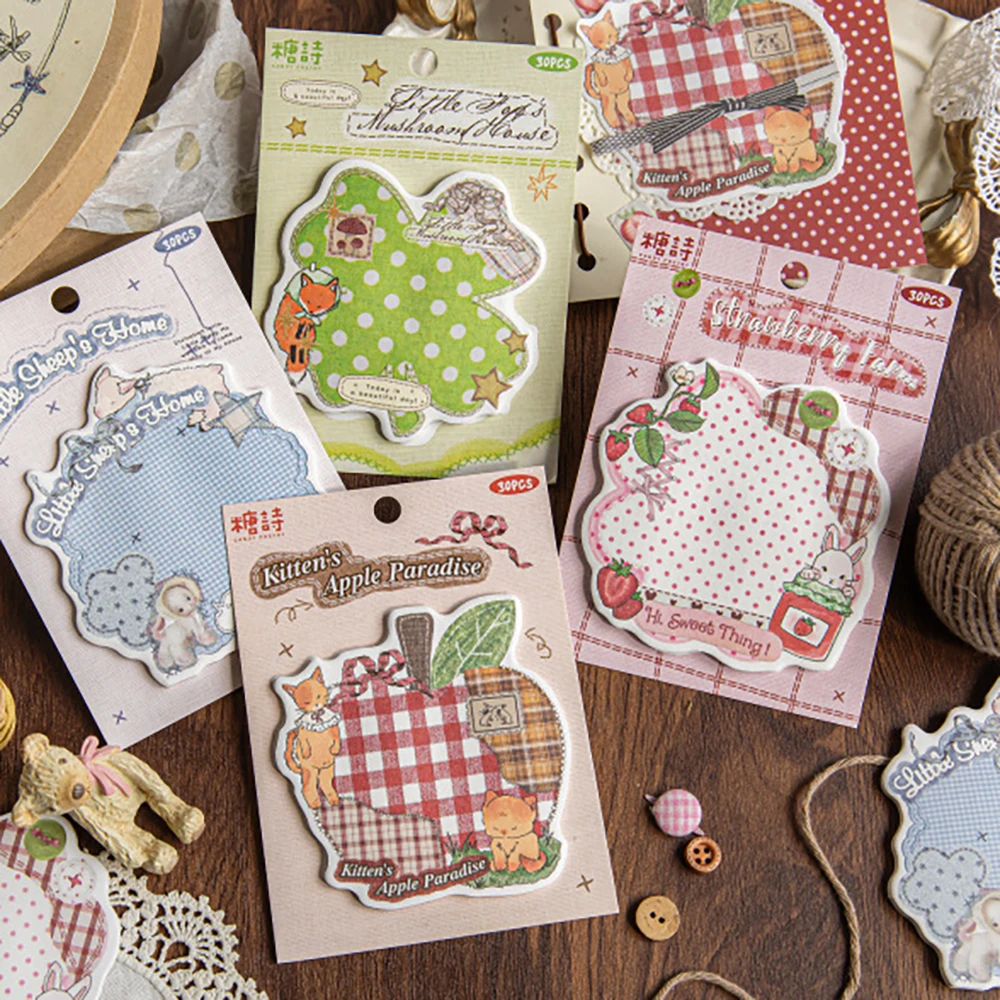 30 Blatt handgefertigte Haftnotizen der Penny's Box-Serie, Patchwork in Retrofarben, Notizpapier für Studenten und Nachrichtenpapier Image