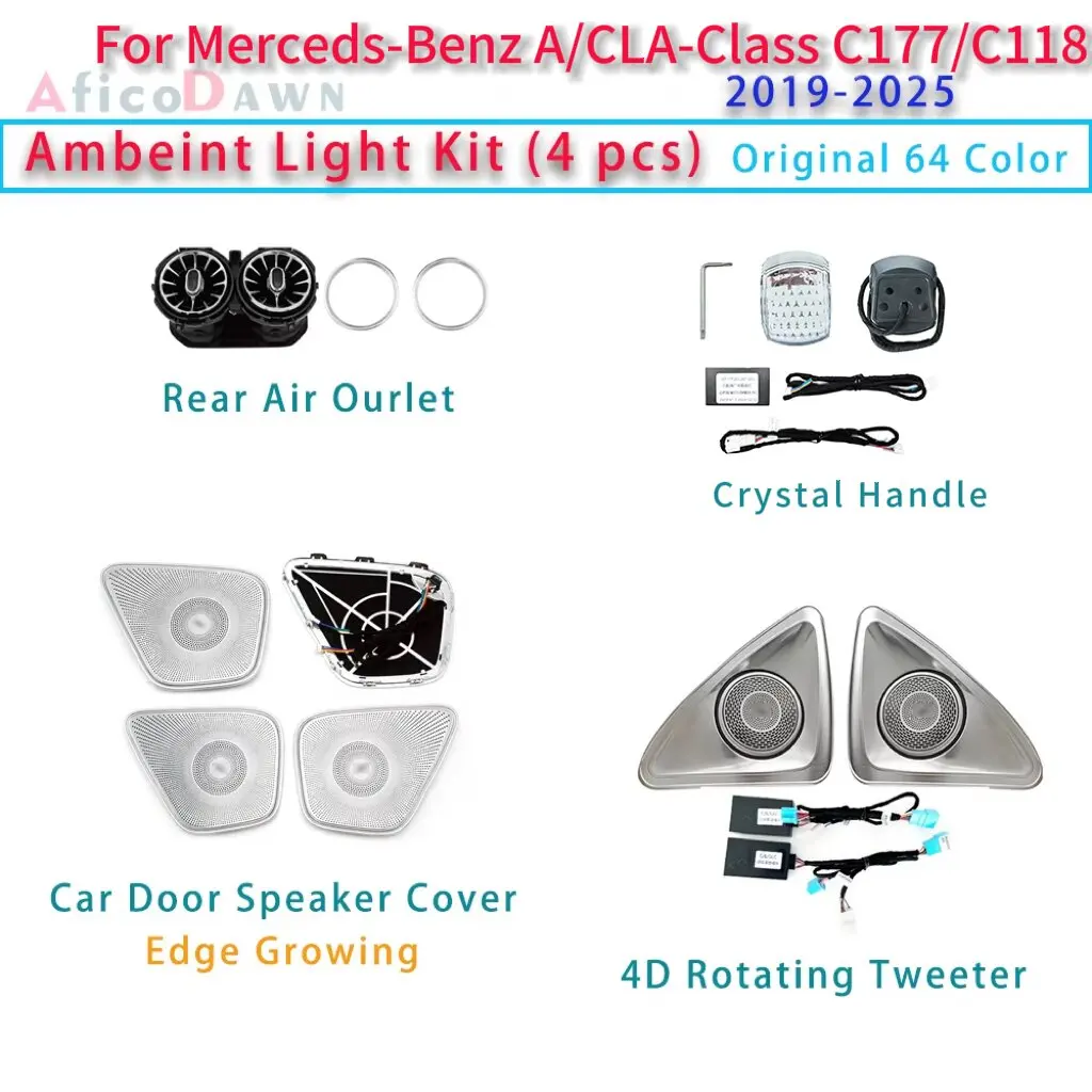 64-Farben-Turbinen-Entlüftungsöffnung hinten, 4D-rotierender Hochtöner, Umgebungslicht-Set, 4 Stück, für Mercedes Benz A/B/CLA/GLA/GLB W177 C118 LHD RHD Image